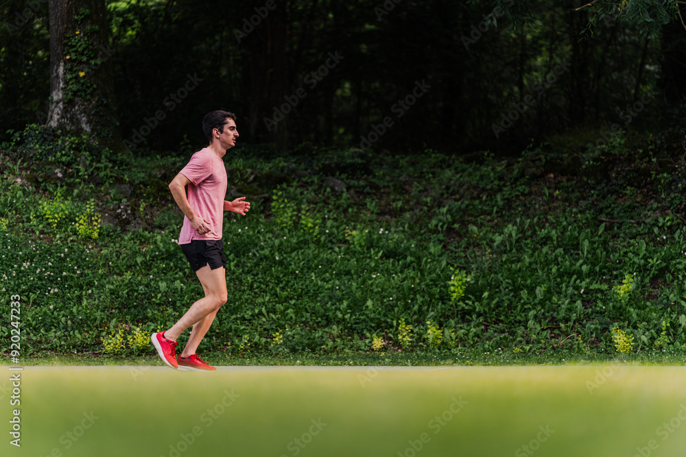 Young man doing series of running on the athletics track. Copy space Young man doing series of running on the athletics track. Copy space