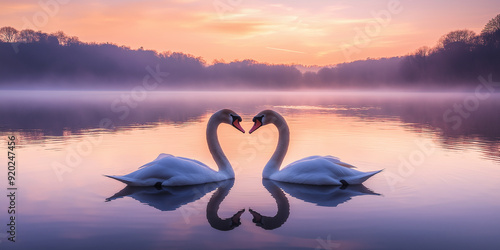 Fototapeta Naklejka Na Ścianę i Meble -  Two swans forming heart shape reflecting on water at sunset