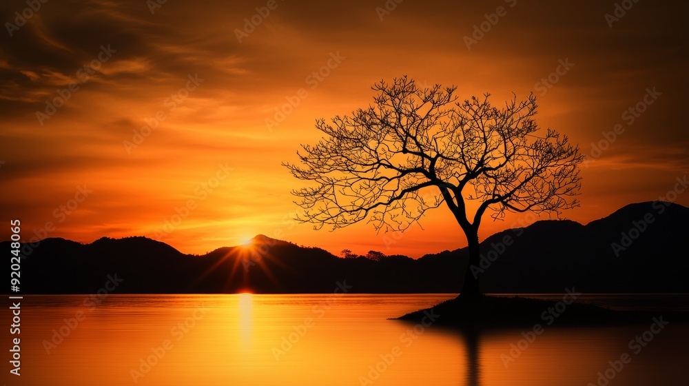 A serene silhouette of a tree against a vibrant sunset sky, reflecting on calm waters, creating a peaceful atmosphere. A serene silhouette of a tree against a vibrant sunset sky, reflecting on calm waters, creating a peaceful atmosphere.