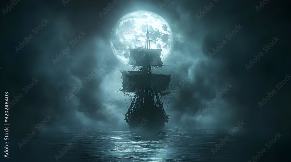 A mysterious ship sailing under a full moon amidst foggy waters. A mysterious ship sailing under a full moon amidst foggy waters.