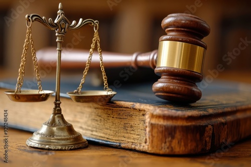 Concept of Law and Justice with Scale and Gavel on Book in Courtroom Background, High-Quality Legal Photography