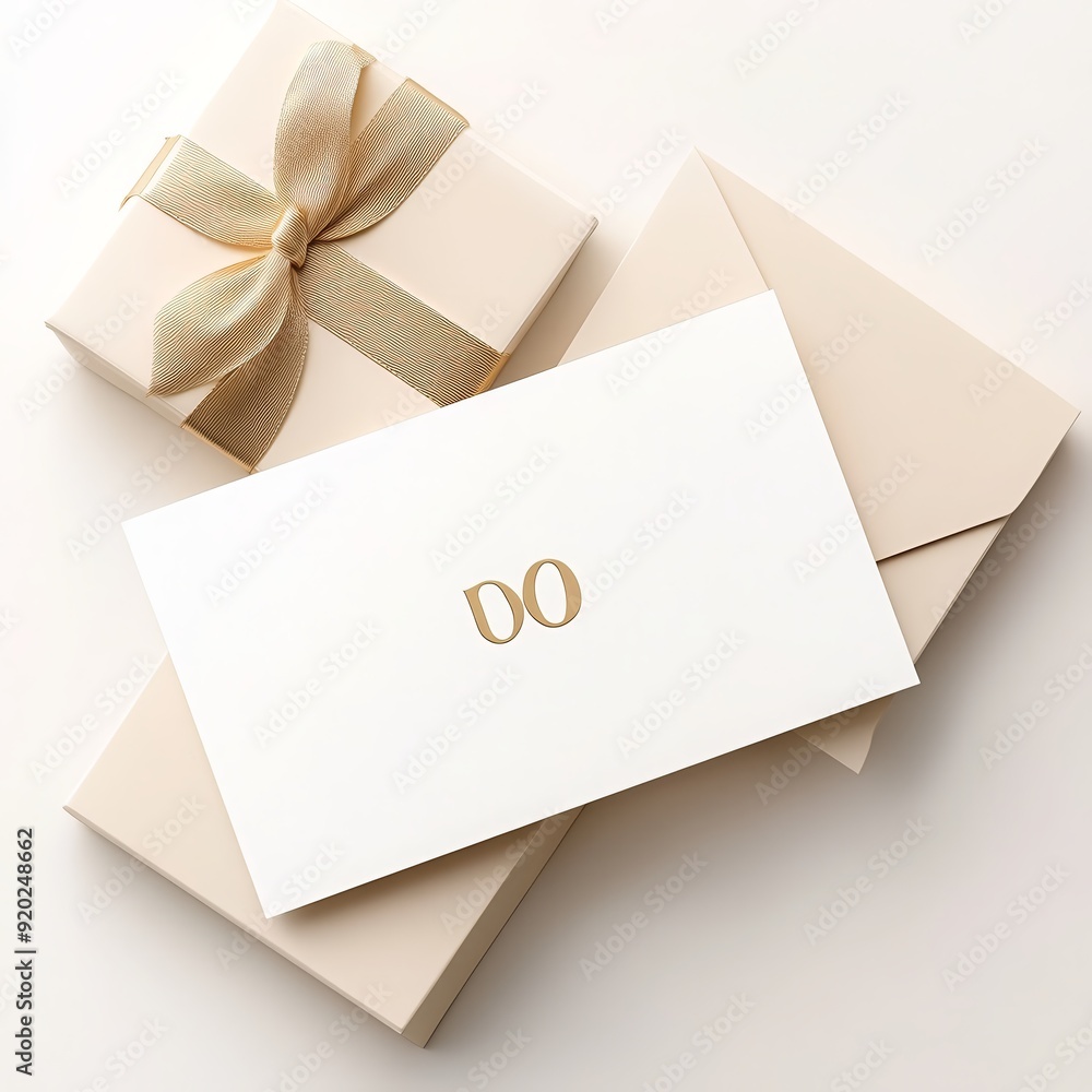 Elegant invitation card with the word 'DO', placed alongside a wrapped gift box and envelope on a neutral background. Elegant invitation card with the word 'DO', placed alongside a wrapped gift box and envelope on a neutral background.