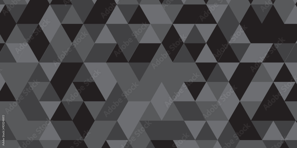 Abstract geometric black and gray background seamless mosaic and low polygon triangle texture wallpaper. Triangle shape retro wall grid pattern geometric ornament tile vector square element.