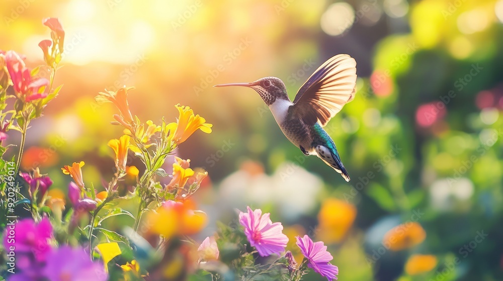 Naklejka premium Hummingbird in Flight Amidst a Colorful Garden