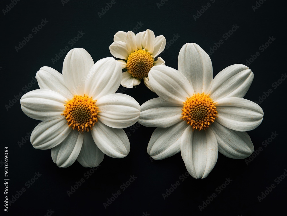 Obraz premium White flowers with yellow centers on black background
