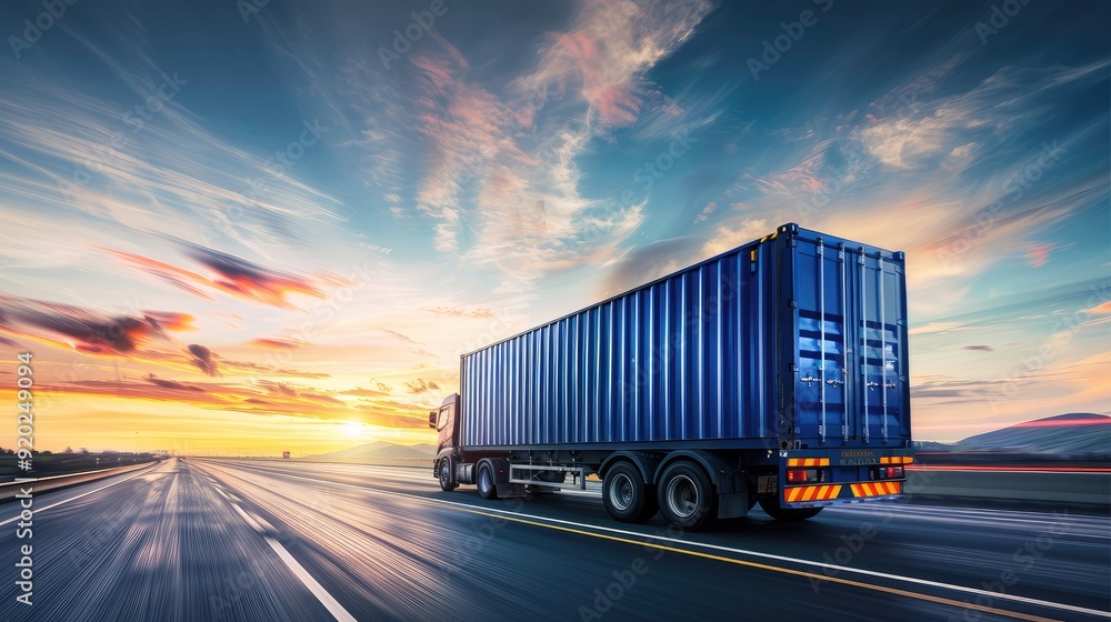 Blue Semi-Truck on Highway at Sunset Blue Semi-Truck on Highway at Sunset