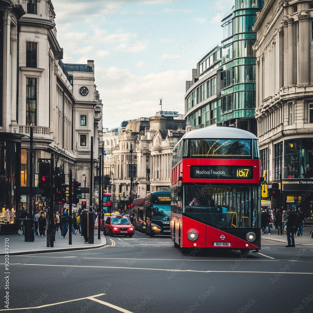 Fototapeta premium A classic red London double-decker bus on a busy city street