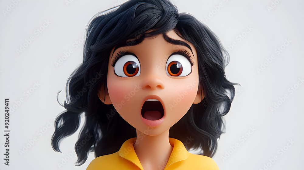 A surprised animated character with curly hair and wide eyes, expressing shock or amazement. A surprised animated character with curly hair and wide eyes, expressing shock or amazement.