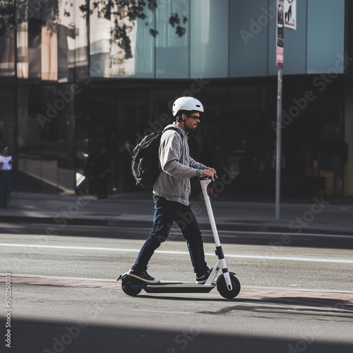  A commuter riding an electric scooter to work