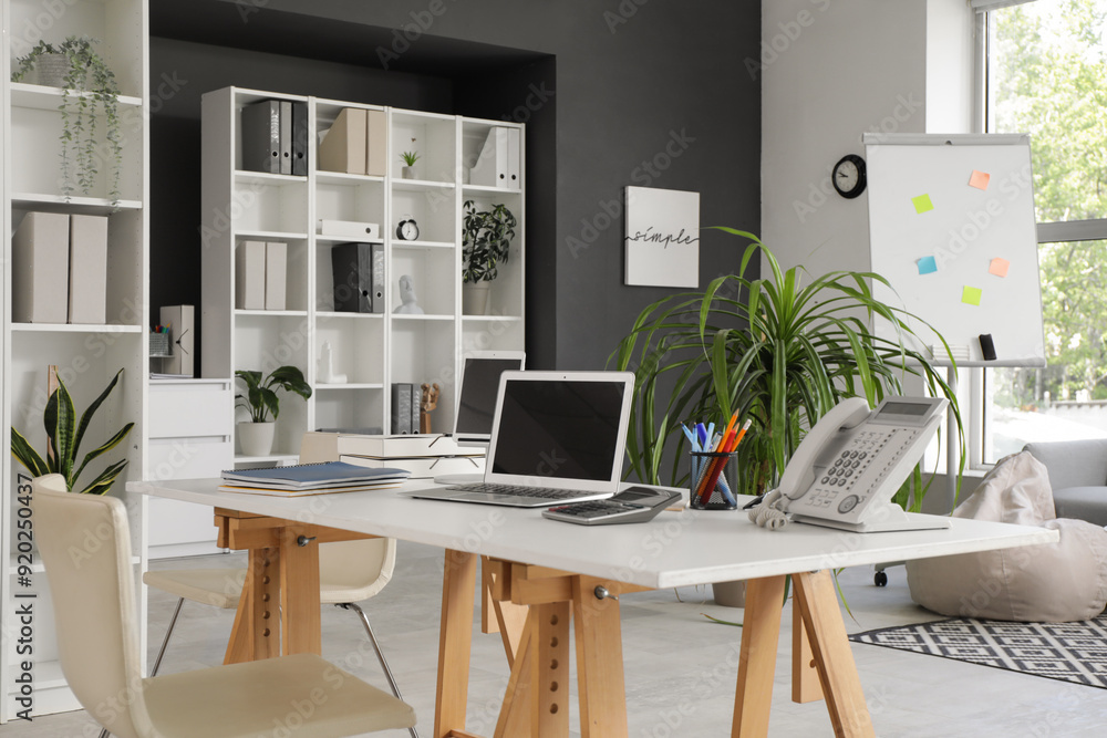 Fototapeta premium Workplace with modern laptop, houseplant and shelving unit in stylish office