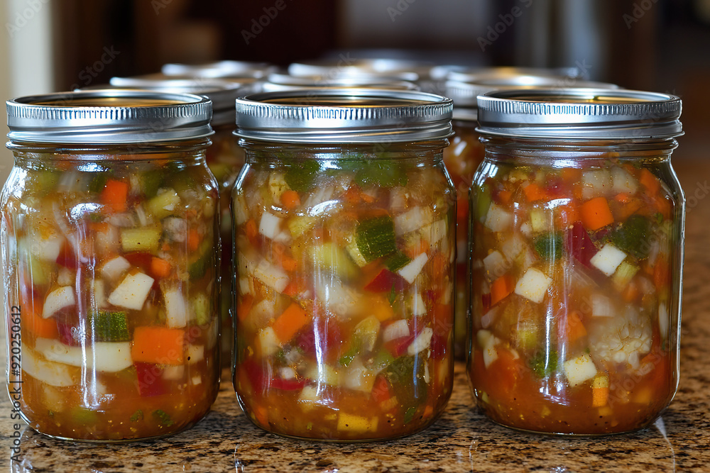 Fermented vegetables in jars on kitchen counter in bright light Fermented vegetables in jars on kitchen counter in bright light