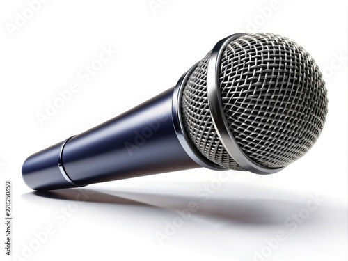 Shiny black microphone isolated on a white background with a subtle gradient, capturing the sleek design and professional essence of live sound and music performances.