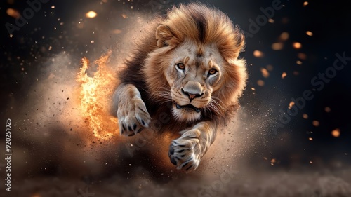Lion leaping through ring of fire, mane ablaze.