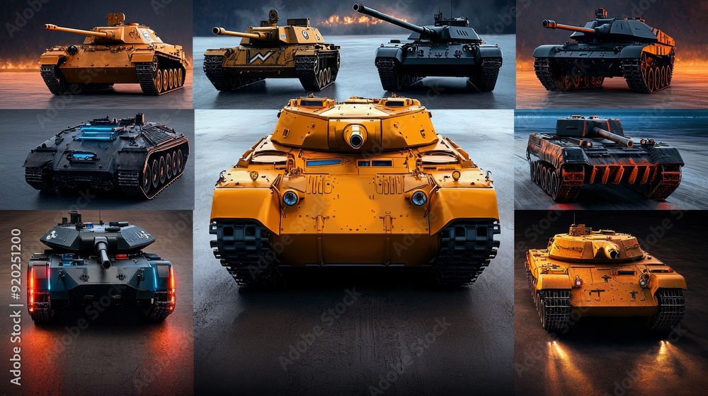 A collage of different tank designs from various eras and countries, showcasing diversity and evolution A collage of different tank designs from various eras and countries, showcasing diversity and evolution