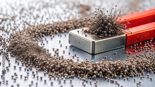 Macro shot of strong magnets attracting and separating small iron filings and pins from non-ferrous materials on a white laboratory countertop. photo