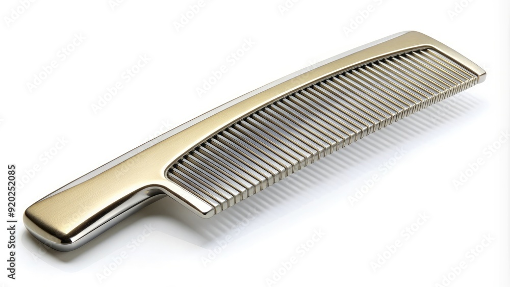 A solitary, silver comb lies isolated on a pristine white background, its delicate teeth and smooth handle gleaming with subtle elegance and minimalist simplicity. A solitary, silver comb lies isolated on a pristine white background, its delicate teeth and smooth handle gleaming with subtle elegance and minimalist simplicity.