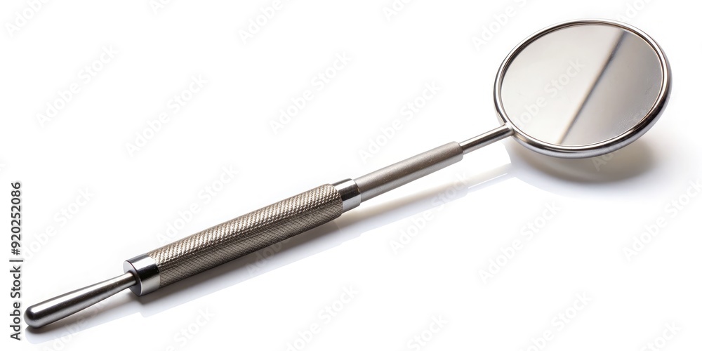 A stainless steel dental mirror with a curved reflective surface and a long handle rests on a white background, ready for an oral examination. A stainless steel dental mirror with a curved reflective surface and a long handle rests on a white background, ready for an oral examination.