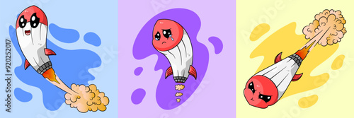 Cute cartoon rocket missiles illustration with variant background shapes. Happy, sad, and brave rocket missile expressions with smoke.