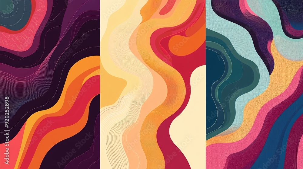 Collection of 70s poster background vector. Set of retro wall decoration, groovy, trippy, colorful line. Vintage hippie wall art for interior, decorative, banner, cover, card Collection of 70s poster background vector. Set of retro wall decoration, groovy, trippy, colorful line. Vintage hippie wall art for interior, decorative, banner, cover, card