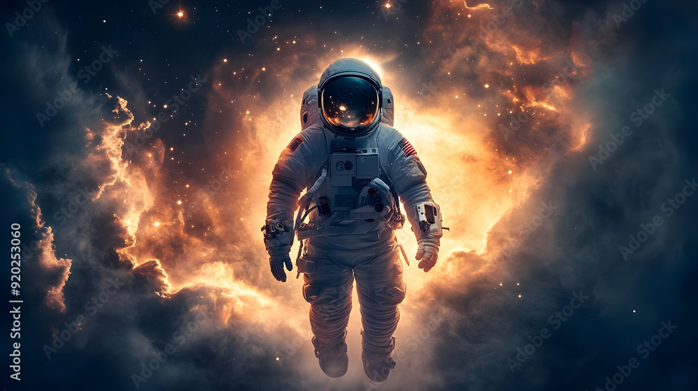 An astronaut floating in space surrounded by a cosmic explosion of colors and light. An astronaut floating in space surrounded by a cosmic explosion of colors and light.