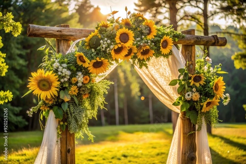 Vibrant sunflowers adorn a rustic wooden wedding arch, surrounded by lush greenery, warm sunlight, and delicate lace, evoking a sense of country charm and romance. photo