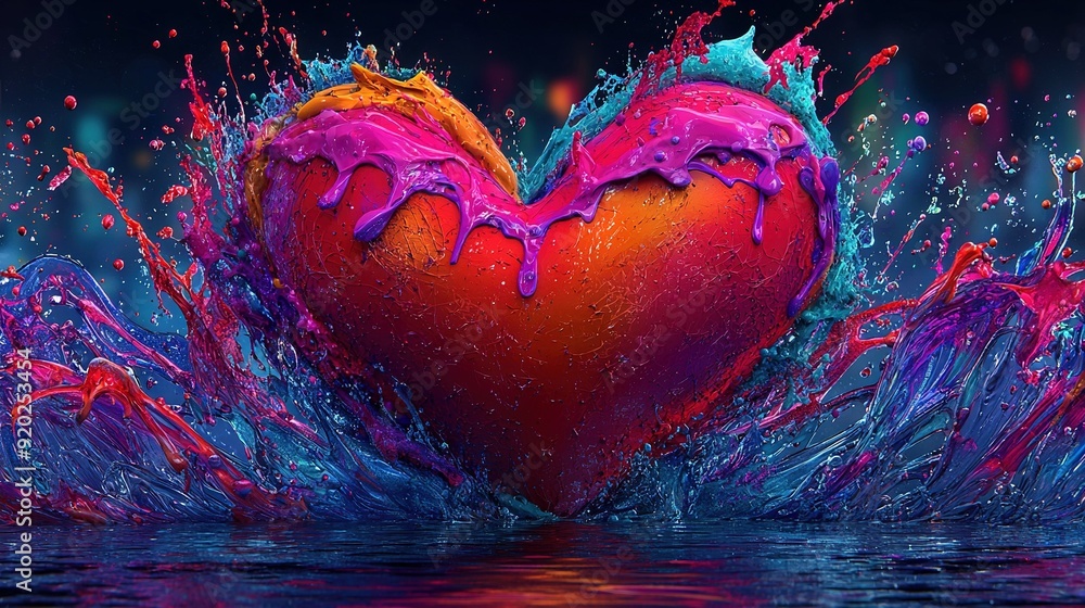 Red heart splashing blue and pink paint into water body Red heart splashing blue and pink paint into water body