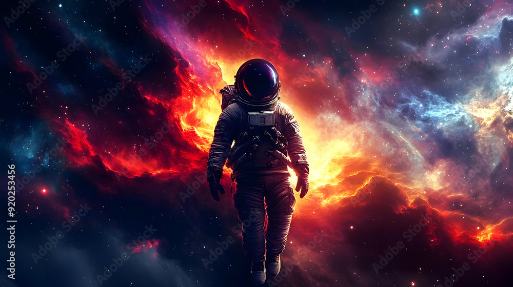 An astronaut floats in a vibrant cosmic scene filled with colorful nebulae and stars. An astronaut floats in a vibrant cosmic scene filled with colorful nebulae and stars.