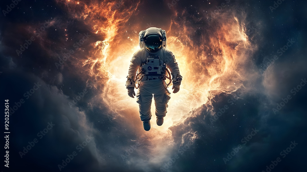 An astronaut floating in space surrounded by fiery cosmic elements. An astronaut floating in space surrounded by fiery cosmic elements.