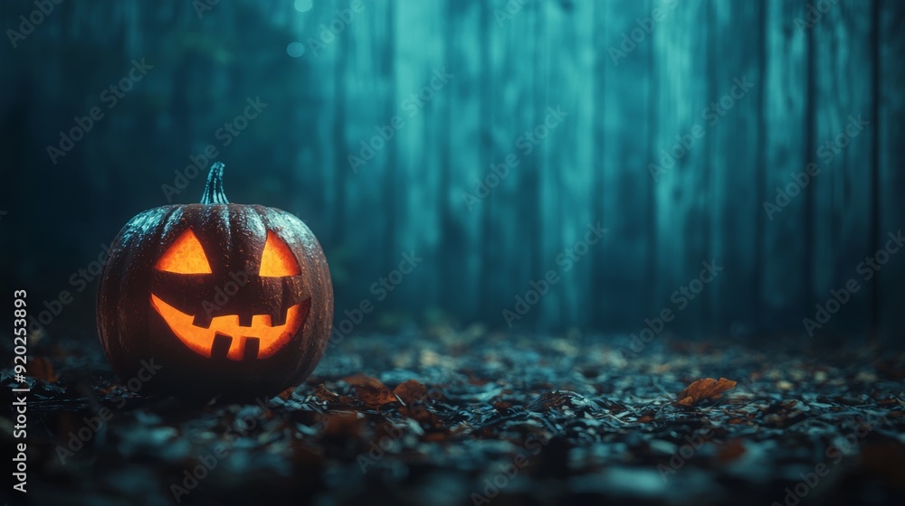 Naklejka premium A spooky Halloween pumpkin with a glowing face, set against a mysterious forest background, perfect for seasonal decor.