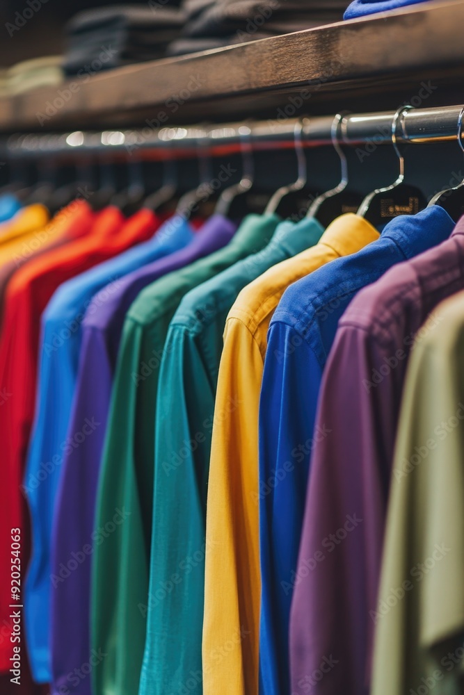 Hanging clothes rack with colorful shirts Hanging clothes rack with colorful shirts