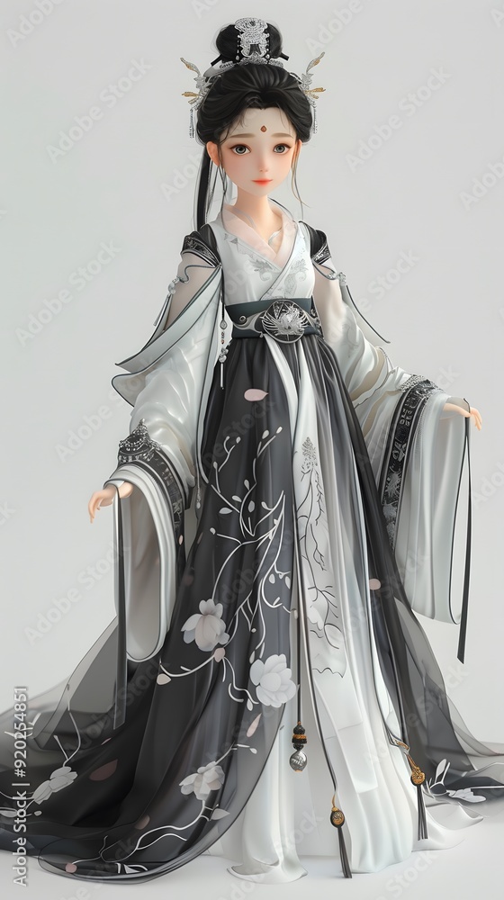 Adorable 3D game character of a beautiful woman in traditional Hanfu, featuring her Asian heritage against a white background. This charming design embodies the spirit of cultural richness, making it Adorable 3D game character of a beautiful woman in traditional Hanfu, featuring her Asian heritage against a white background. This charming design embodies the spirit of cultural richness, making it