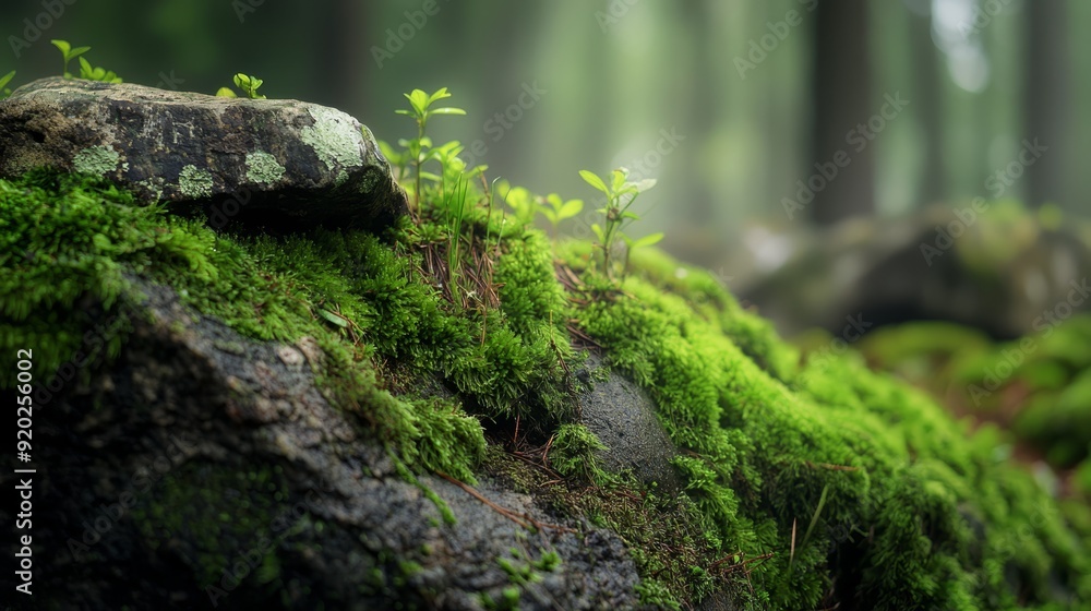 A moss-covered rock amidst a verdant forest, teeming with lush green plants and emerging small sprouts A moss-covered rock amidst a verdant forest, teeming with lush green plants and emerging small sprouts