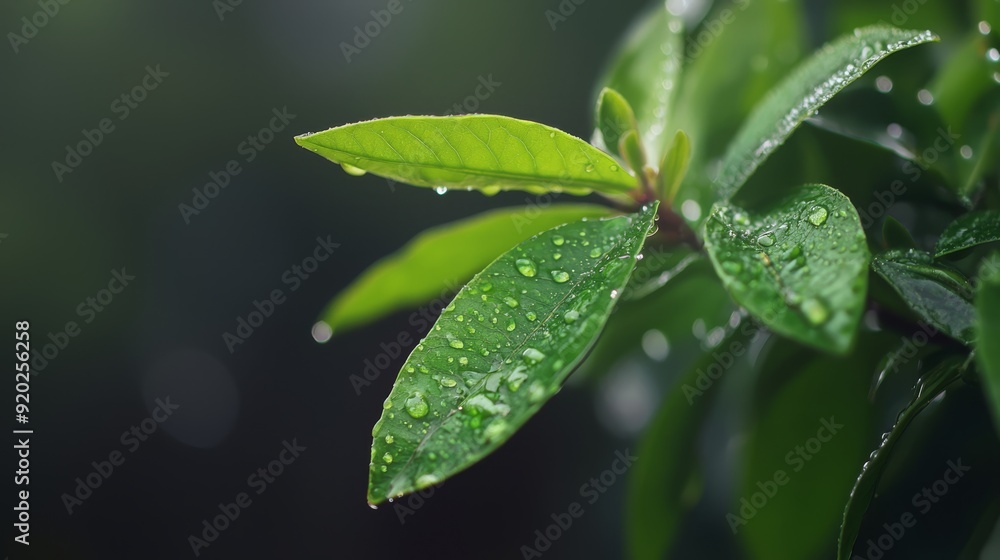 A tight shot of a green leaf, studded with water droplets, against a softly blurred backdrop of more leaves and water droplets A tight shot of a green leaf, studded with water droplets, against a softly blurred backdrop of more leaves and water droplets