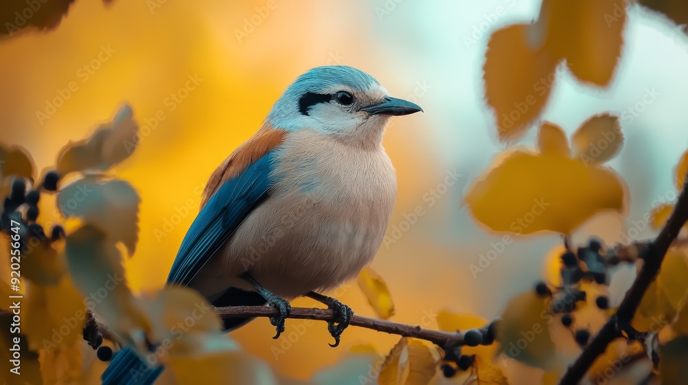 A small blue-and-white bird perches on a tree branch, surrounded by yellow and green foliage A small blue-and-white bird perches on a tree branch, surrounded by yellow and green foliage