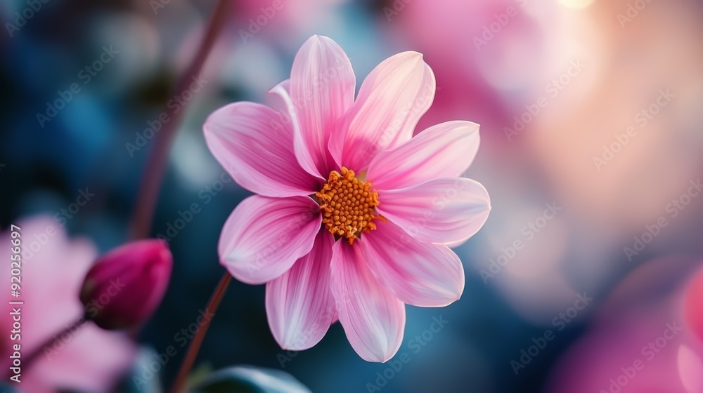 A tight shot of a pink bloom against a backdrop of blue and pink Foreground features blurred flowers A tight shot of a pink bloom against a backdrop of blue and pink Foreground features blurred flowers