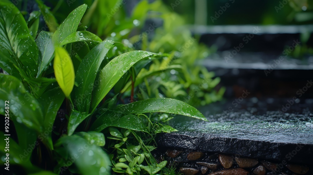 A tight shot of a green plant dotted with water droplets, surrounded by a stone bench amidst the grass A tight shot of a green plant dotted with water droplets, surrounded by a stone bench amidst the grass