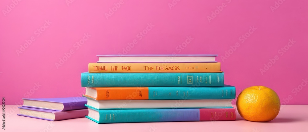 Fototapeta premium A vibrant arrangement of colorful books and decorative vases on a pastel shelf. Ideal for home decor, interior design, and modern aesthetics.