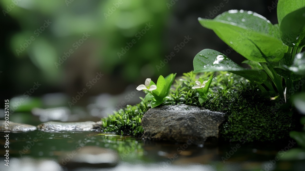 A tight shot of a moss-covered rock bearing a small, white flower nestled amongst its mossy surface A tight shot of a moss-covered rock bearing a small, white flower nestled amongst its mossy surface