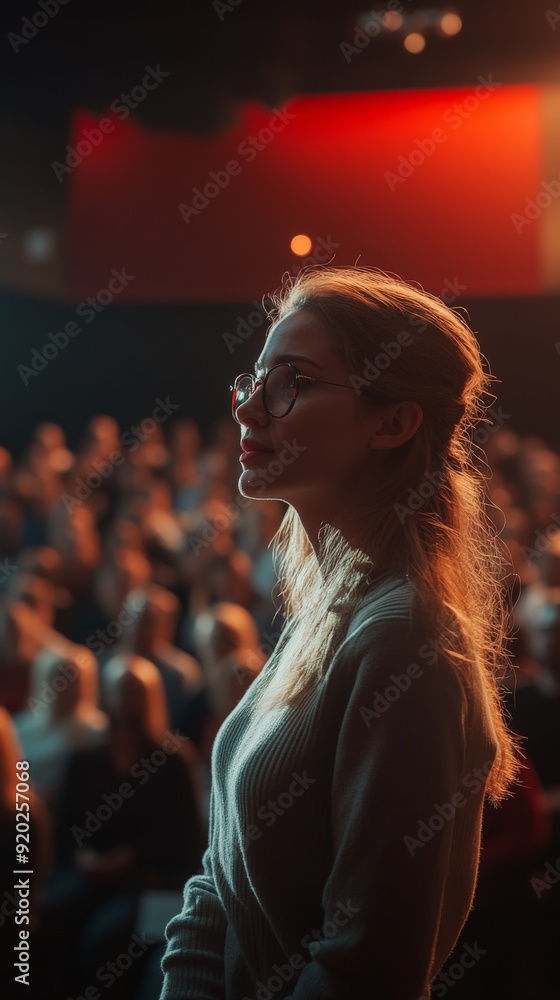 woman giving a talk to a audience at business meeting woman giving a talk to a audience at business meeting