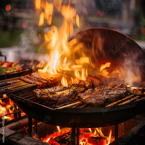 Grilled meat on a flaming barbecue grill in an outdoor setting