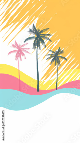 A colorful tropical scene with three palm trees and a blue wave