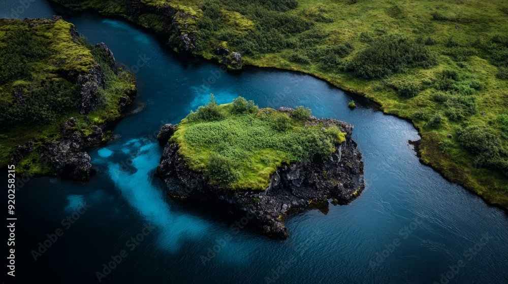 A bird's-eye perspective of a small island situated in a tranquil river amidst a verdant, expansive meadow A bird's-eye perspective of a small island situated in a tranquil river amidst a verdant, expansive meadow