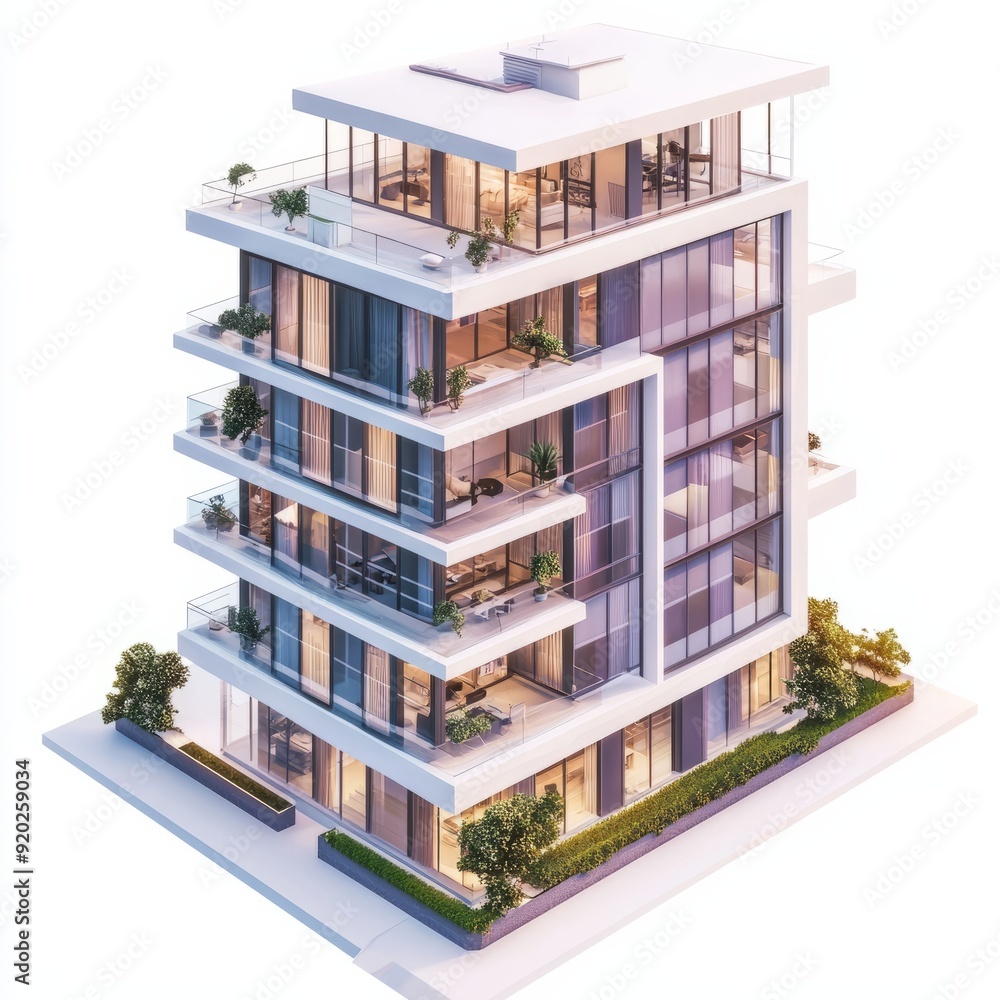 3D Render of a contemporary apartment building with balconies and glass facades. Miniature, on isolated white background 3D Render of a contemporary apartment building with balconies and glass facades. Miniature, on isolated white background