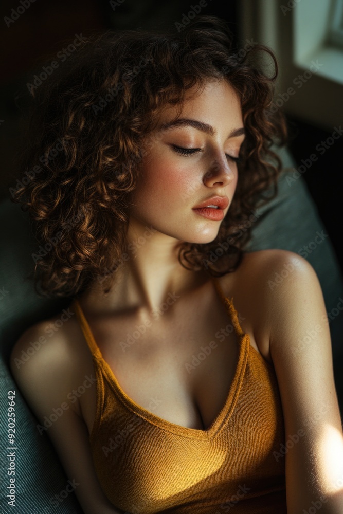 Naklejka premium Young Woman Sitting on Couch