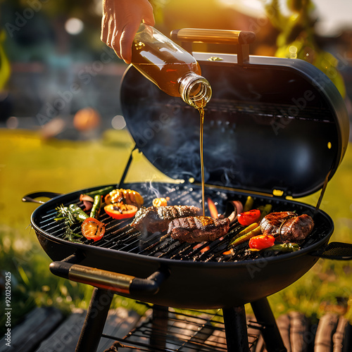 A black charcoal grill with grilled meat and vegetables on the grate, with a person's hand pouring oil or sauce over the food, in a backyard setting with a blurred tree in the background 