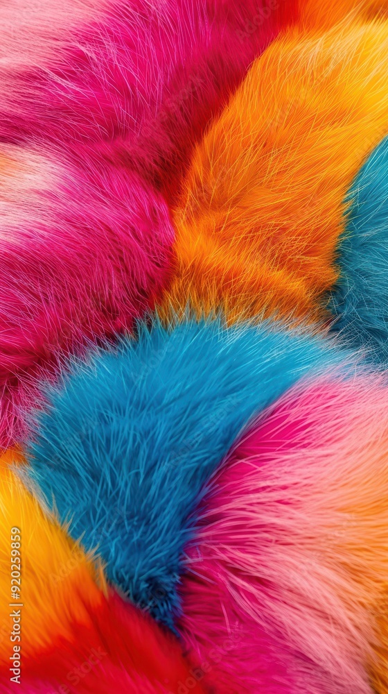 Bright synthetic fur combines pink, orange, and blue colors in a fun, vibrant pattern, creating an eye-catching visual effect Bright synthetic fur combines pink, orange, and blue colors in a fun, vibrant pattern, creating an eye-catching visual effect