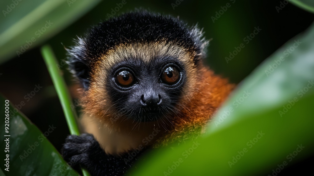 A small brown and black animal peeks from behind a leafy green plant, its wide-open eyes gazing directly at the camera A small brown and black animal peeks from behind a leafy green plant, its wide-open eyes gazing directly at the camera