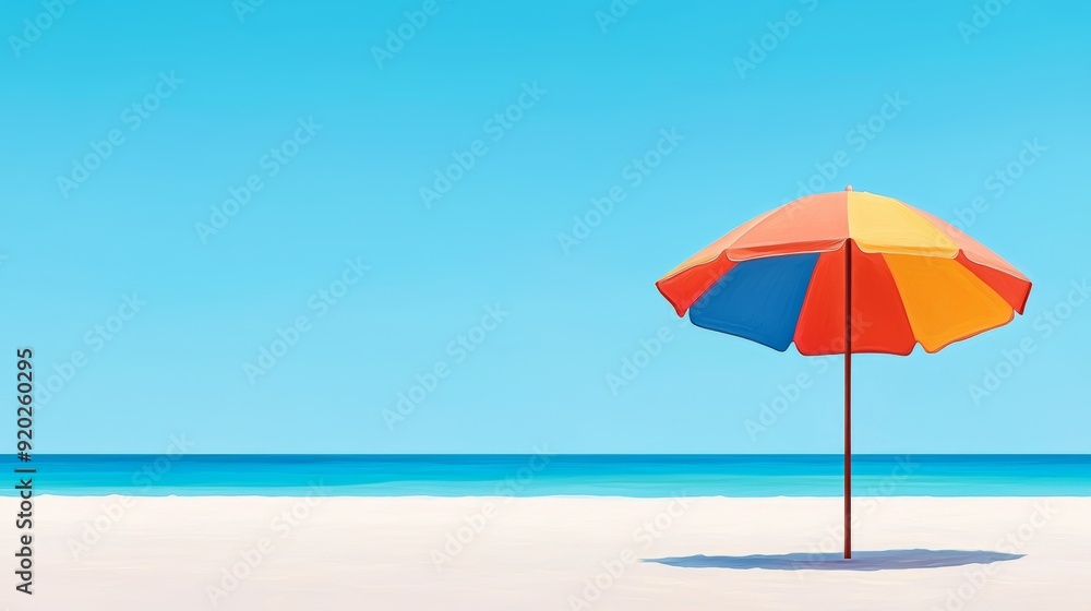 A vibrant beach scene featuring a colorful umbrella against a clear blue sky and serene ocean, perfect for summer relaxation. A vibrant beach scene featuring a colorful umbrella against a clear blue sky and serene ocean, perfect for summer relaxation.
