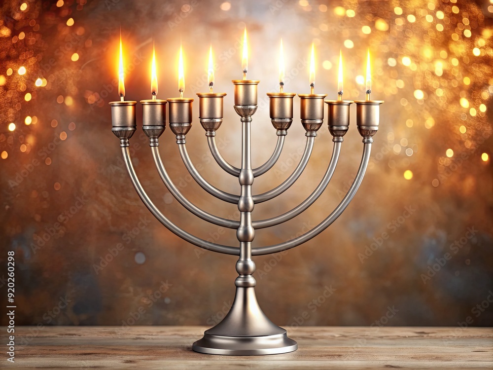 Elegant silver menorah stands tall on a serene background, its nine gentle flames casting a warm, soft glow, symbolizing hope and unity during Hanukkah celebrations. Elegant silver menorah stands tall on a serene background, its nine gentle flames casting a warm, soft glow, symbolizing hope and unity during Hanukkah celebrations.