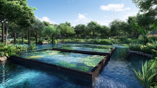 A restored river ecosystem is supported by recycled fish habitats, emphasizing environmental conservation and creative recycling. 